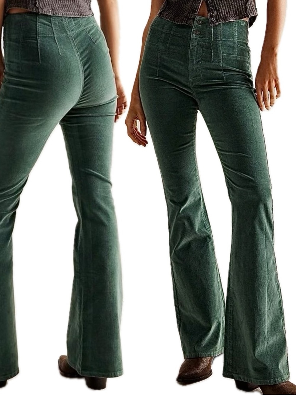 We the Free People Huntress Green Jayde Corduroy Flare Pants Size 32 High Rise